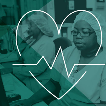 Heartbeat icon placed over photo of two female nurses