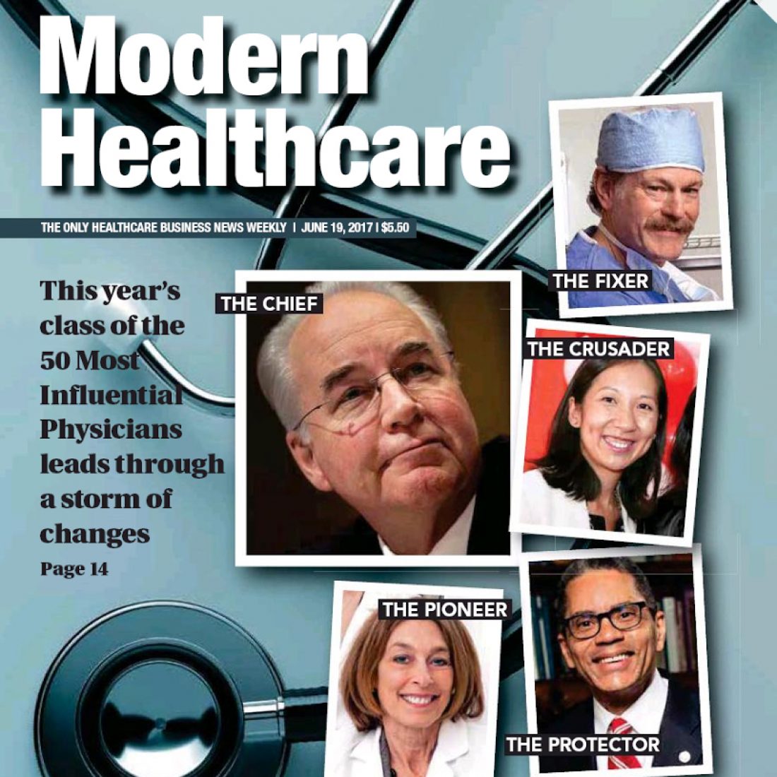 Modern Healthcare magazine cover with headshots of physicians