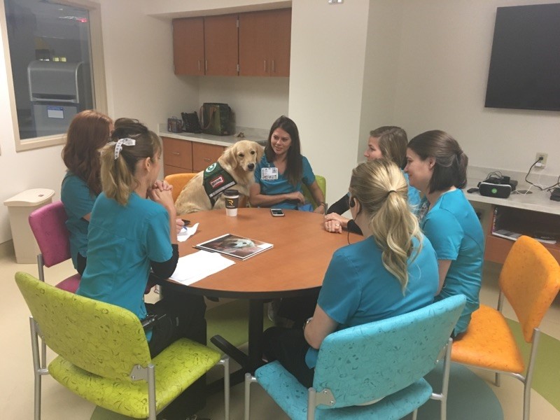 A group of nurses sitting around a circular table with a comfort dog