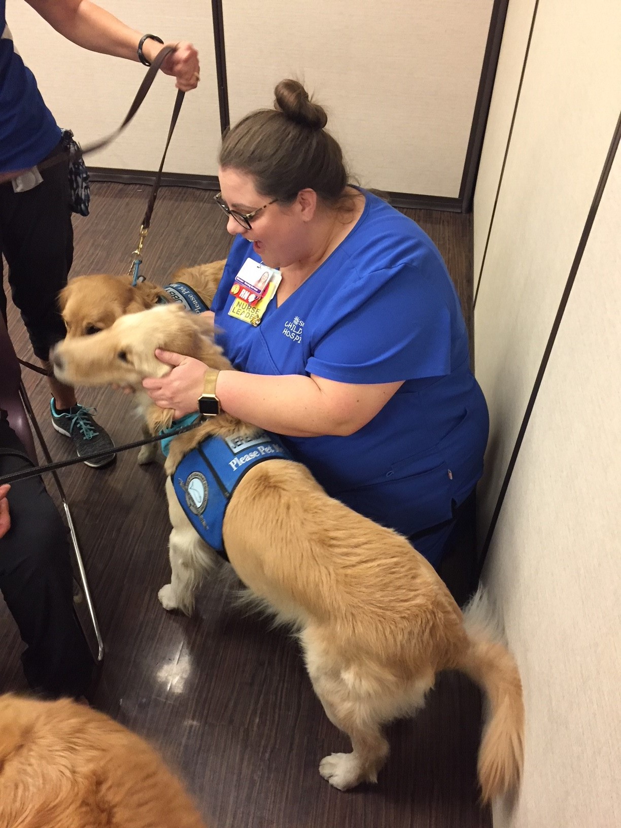 Female nurse petting two comfort dogs