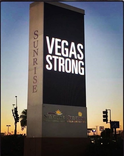 Sunrise Hospital and Medical Center entrance sign with graphic saying Vegas Strong
