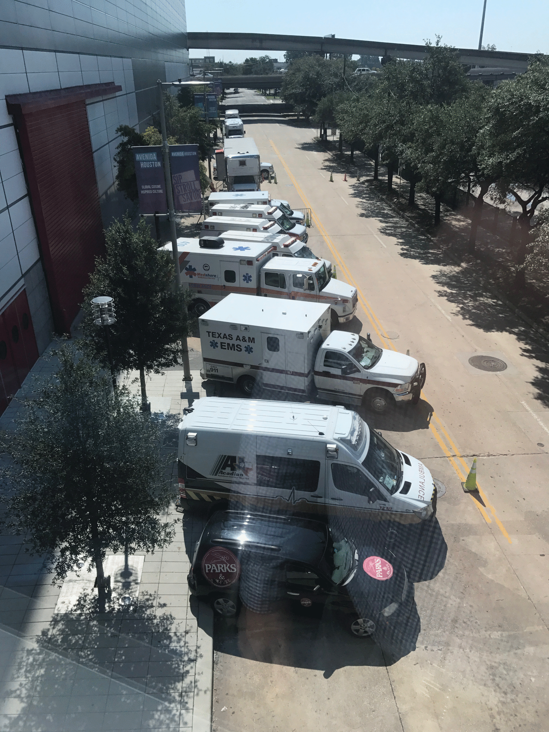 Emergency vehicles lined up outside hospital