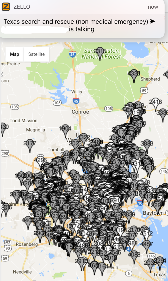 Screenshot of iPhone app showing map of hundreds of emergencies around Houston 