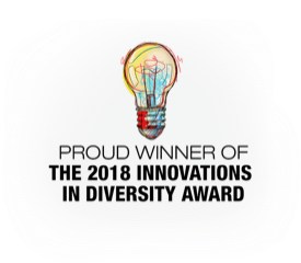 Lightbulb illustration with words Proud Winner of the 2018 Innovations in Diversity Award