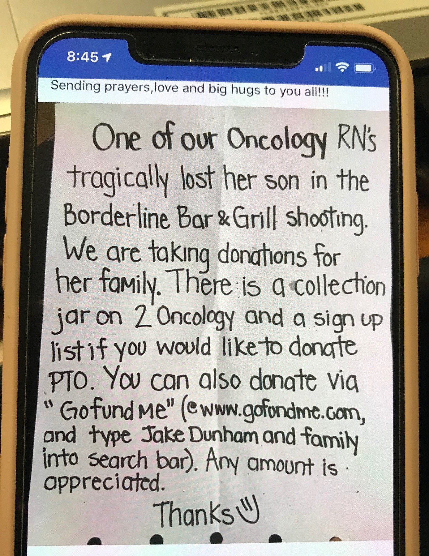 An iPhone displaying a note about how to help a nurse who lost her son in a shooting