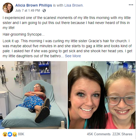A Facebook post with photos showing a girl in a hospital bed