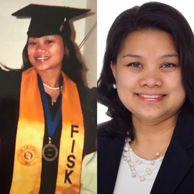Photo of Carina Qualls in Fisk University graduation cap and gown next to headshot of Carina Qualls in business attire