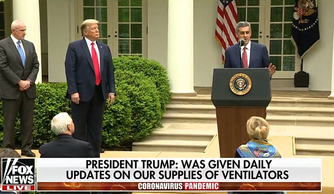 Sam Hazen standing at a podium, speaking at the White House as President Trump stands nearby with Fox News Live logo and caption saying, "PRESIDENT TRUMP: WAS GIVEN DAILY UPDATES ON OUR SUPPLIES OF VENTILATORS - CORONAVIRUS PANDEMIC" 