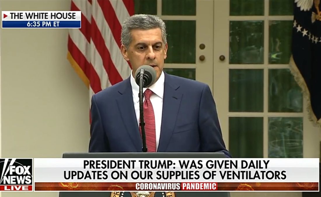 Closeup of Sam Hazen speaking at White House, with Fox News Live logo and captions saying "THE WHITE HOUSE 6:35 PM ET" and "PRESIDENT TRUMP: WAS GIVEN DAILY UPDATES ON OUR SUPPLIES OF VENTILATORS - CORONAVIRUS PANDEMIC"