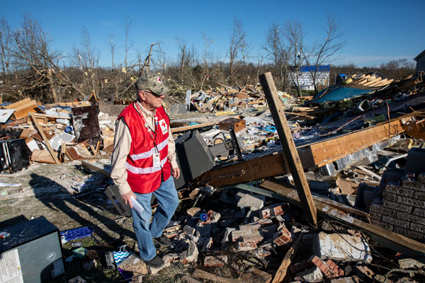 An American Red Cross volunteer helping clean up after a tornado passed through Nashville