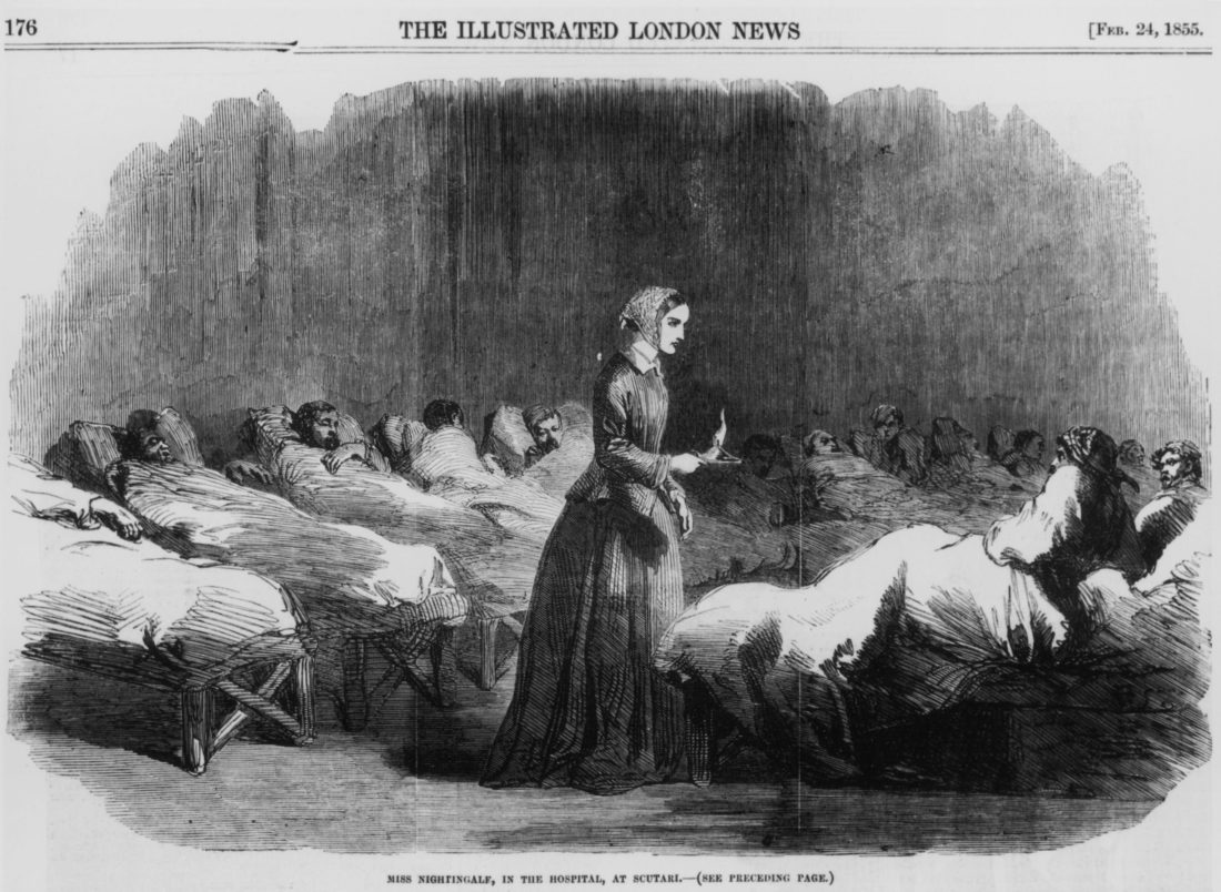 Illustration of Florence Nightingale caring for wounded soldiers.