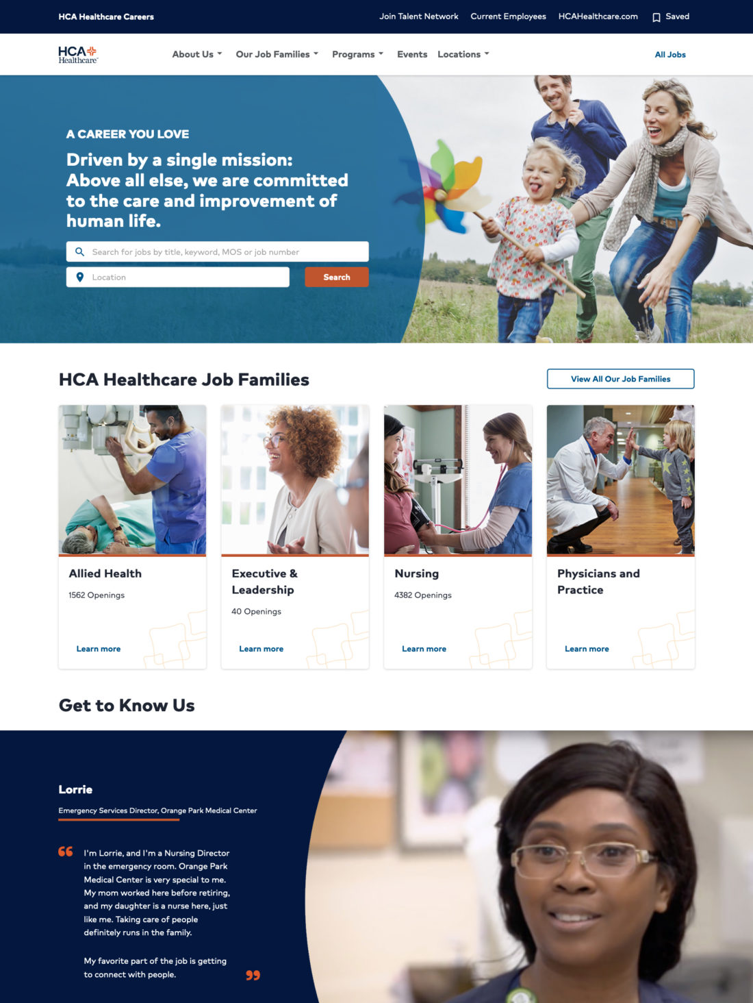 The homepage of the HCA Healthcare careers site