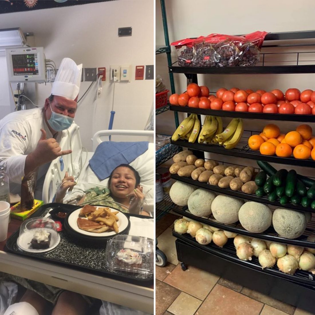 On left, chef with pediatric patient, and on right, shelves with fruits and vegetables. 