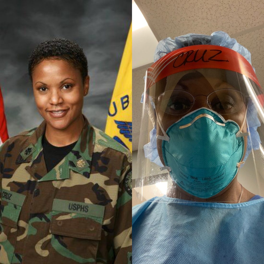 On left, woman wearing U.S. Air Force uniform, and on right, same woman wearing personal protective equipment at hospital 