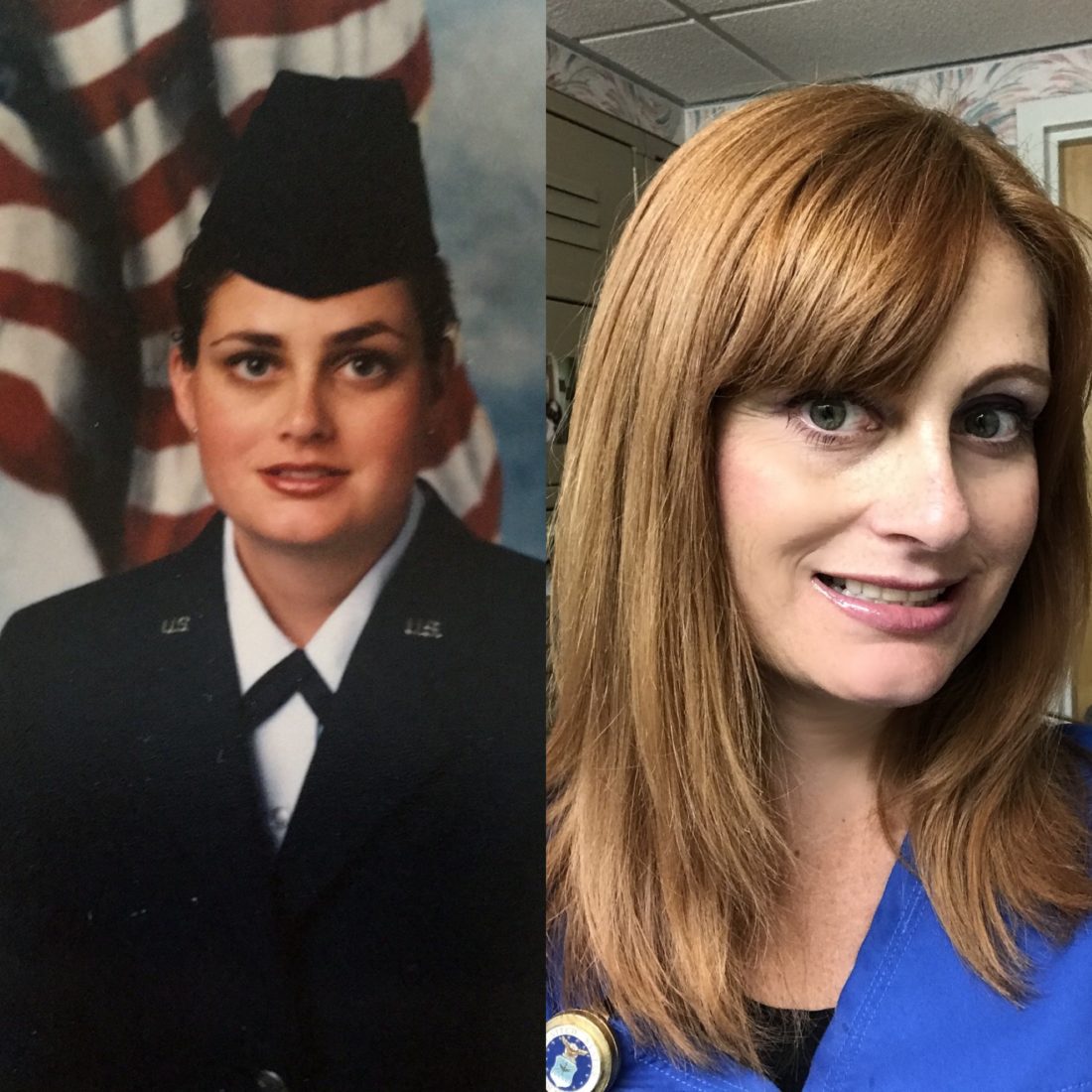 On left, woman wearing U.S. Air Force uniform, and on right, same woman wearing scrubs