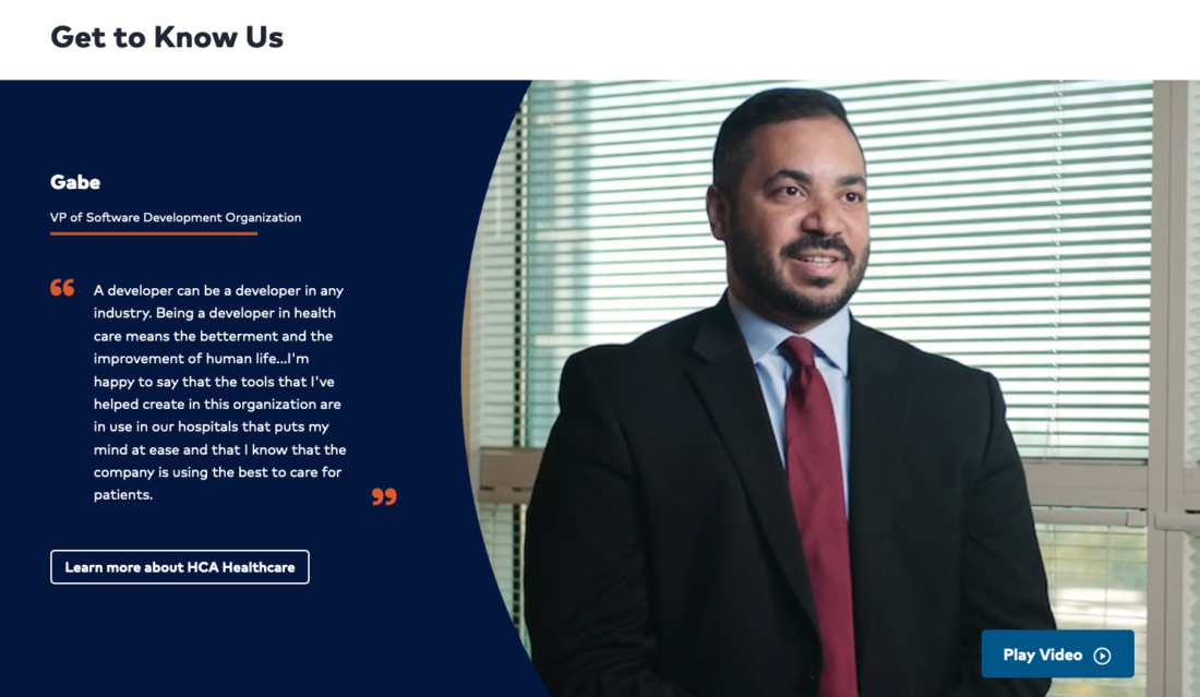 The Get to Know Us section of the HCA Healthcare career site with colleague quote and picture of man wearing suit and tie. 