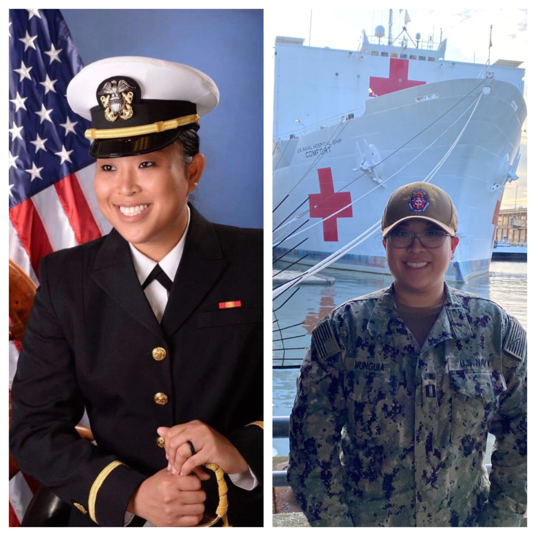 On left, woman wearing U.S. Navy uniform with American flag in the background. On right, same woman wearing U.S. Navy uniform with medical ship in the background. 