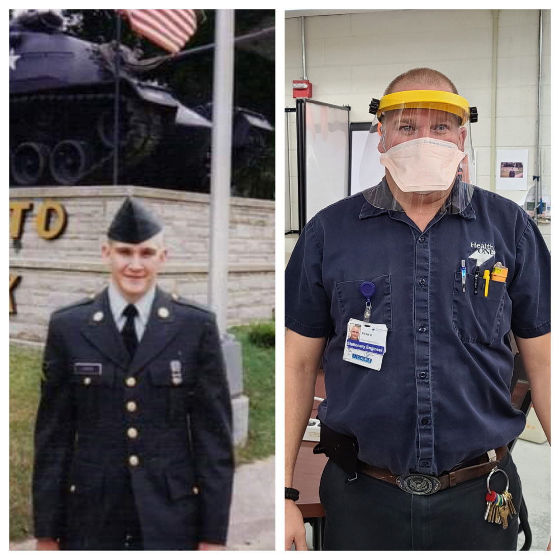 On left, man wearing U.S. Army uniform. On right, same man wearing stationary engineer uniform, face mask and face shield.