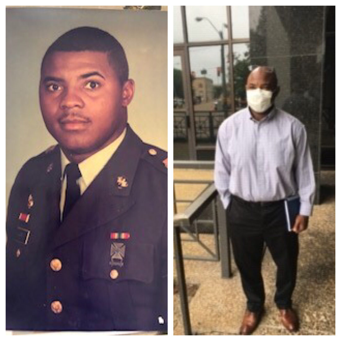 On left, man wearing U.S. Army uniform. On right, same man wearing face mask and business attire. 