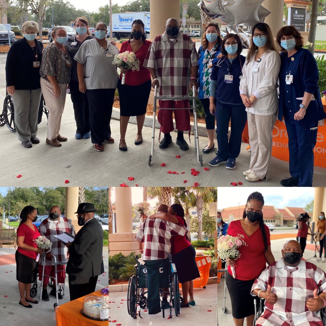 A collage of photos of a couple getting married outside a hospital with caregivers in attendance