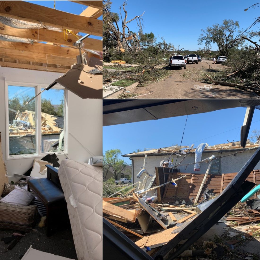 Collage of photos showing a house and street damaged by a tornado 