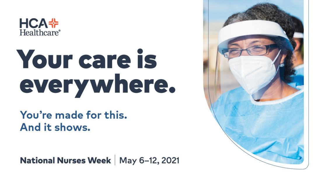 National Nurses Week graphic with image of female nurse wearing a face mask and face shield. 