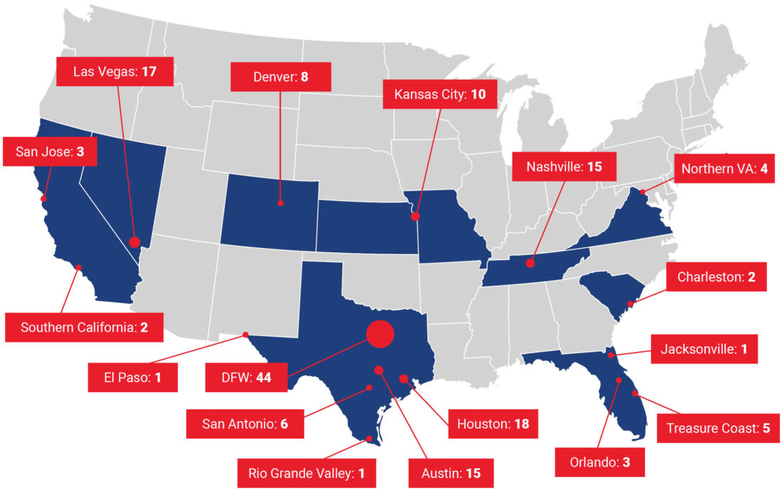 Map of the United States showing CareNow locations
