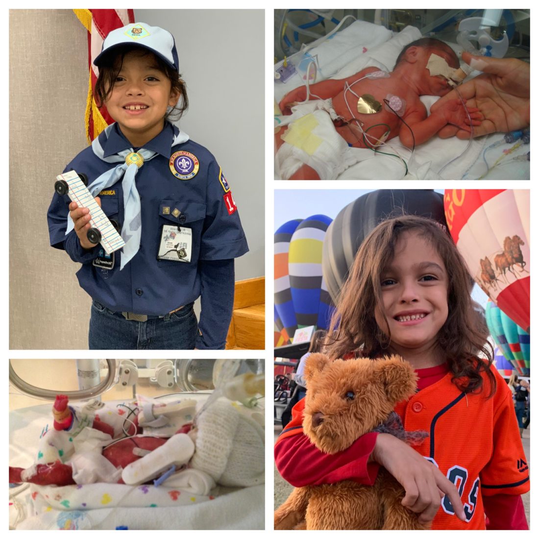 Collage of photos of two baby boys in the NICU and now at ages 8 and 10. 