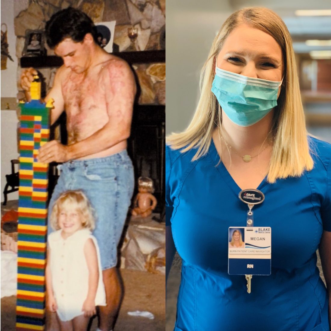On right, a woman wearing scrubs and a face mask, and on left, a childhood photo of the woman and her father.