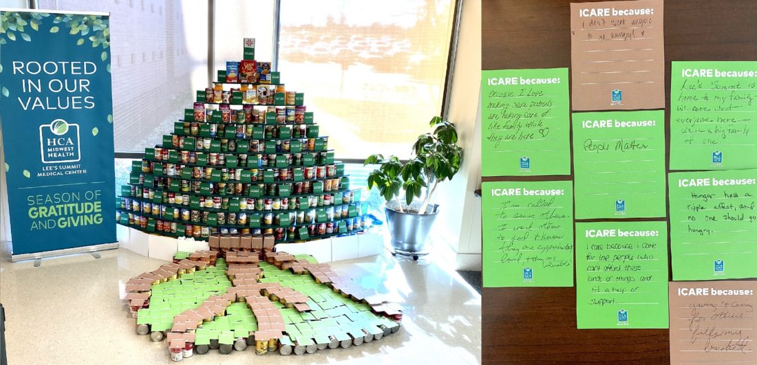 Canned goods arranged in the shape of a tree.
