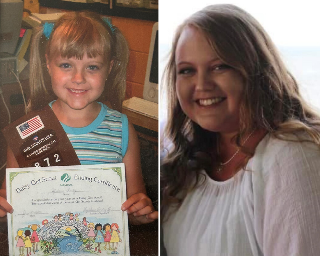 Side by side photos of Melanie Feitig as a Girl Scout and today. 
